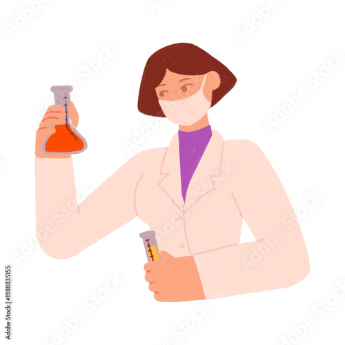 Professional female scientist wearing a protective medical mask while conducting important liquid experiments using glass laboratory beakers and test tubes in this detailed clean flat vector design
