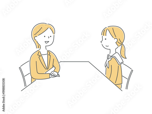 女子中学生と女性カウンセラーのイラスト単色