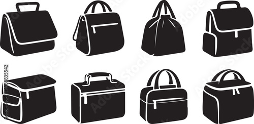 Black silhouette line collection of various types of handbags purses and shoulder bags with transparent background