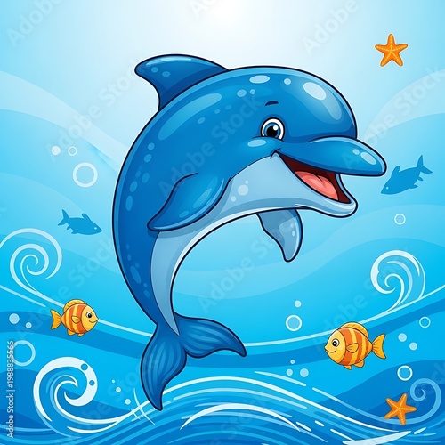 Cheerful cartoon dolphin leaps joyfully through blue ocean waves with fish