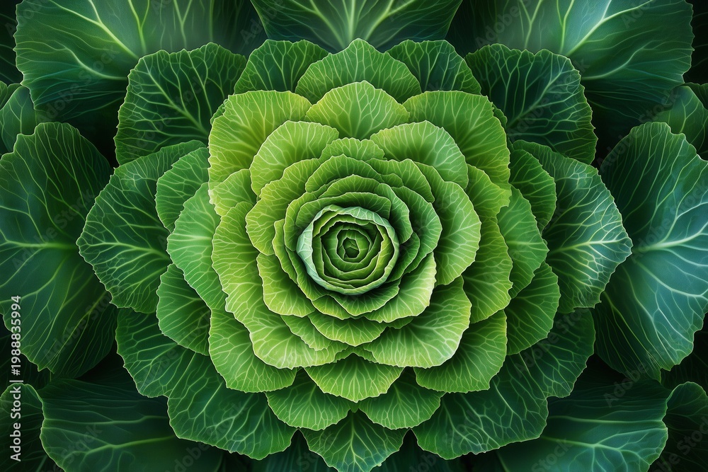 Fototapeta premium Fresh organic green cabbage showing intricate leaf patterns with vibrant symmetrical layers creating a beautiful and healthy natural food texture