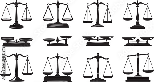 Black silhouette of people standing with balance scales in different poses isolated on white background