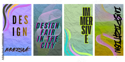 Colorful immersive design event banner with creative typography and urban cityscape background