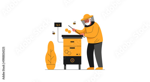 Senior Beekeeper Using Smart Hive Technology, Minimal Flat Vector Illustration