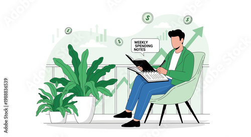 Man reviewing weekly spending notes in a modern office with plants and financial growth chart