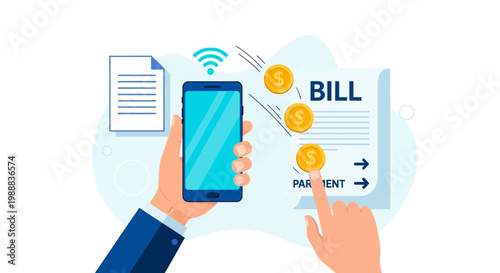 Mobile bill payment concept: Paying bills online using smartphone and coins, digital transaction