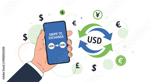 Mobile Currency Exchange App: Swipe to Convert USD to EUR with Global Finance Symbols