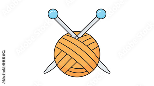 Knitting Needles and Ball of Orange Yarn Modern Flat Vector Icon. Clean Illustration with Editable Stroke for Customizable Line Weight. Scalable Graphic for Hobby, Craft, and DIY Project Designs.