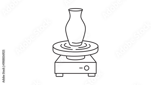 Minimalist Pottery Wheel Vector Icon with a Ceramic Vase on a Spinning Plate. Hand-Drawn Black Line Illustration with Editable Stroke for Craft, Hobby, and Art Design Projects on White Background.