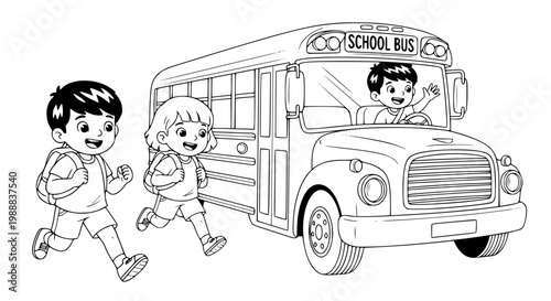 Vector linear illustration of happy children running to a school bus. Transparent SVG version.