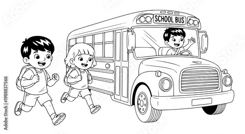 Vector linear illustration of happy children running to a school bus. JPEG version.