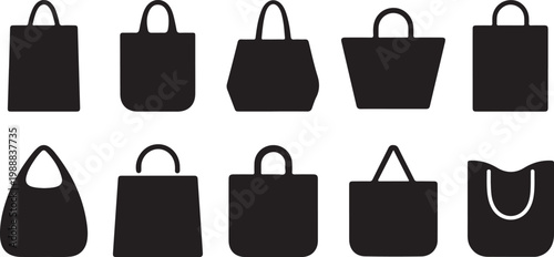 Simple black flat of shopping bags and handbags with handles isolated on white background black shopping bag