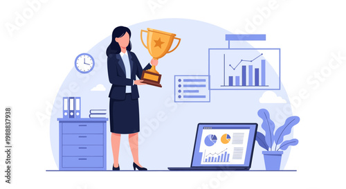 Businesswoman holds a trophy in an office setting with data charts and a laptop during a workday