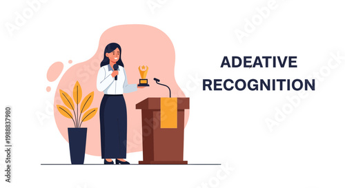 Woman gives speech while holding award at recognition event in a simple setting with a podium and plant