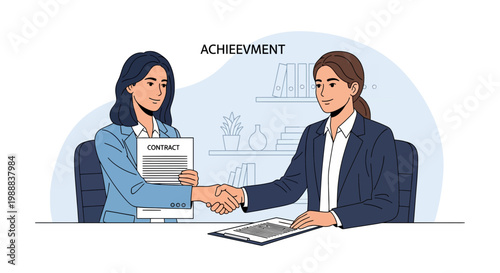 Business partners sign a contract and shake hands in an office setting during a meeting in the morning