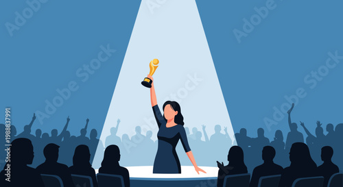 Winning moment at a ceremony with a woman holding a trophy in front of a cheering crowd