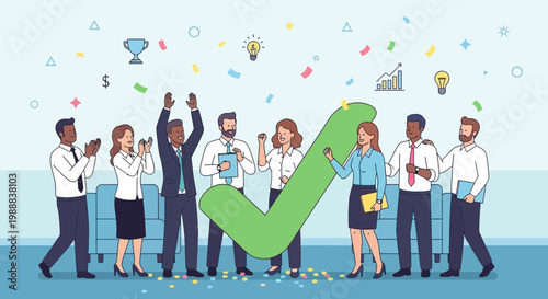 Diverse Business Team Celebrating Success with Giant Green Checkmark and Confetti