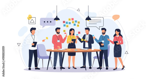 Diverse team brainstorming ideas at a table with sticky notes and speech bubbles