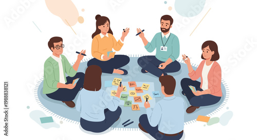 Diverse team brainstorming ideas on floor with sticky notes, collaboration and planning