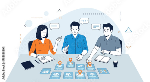 Team brainstorming strategy with game board and icons