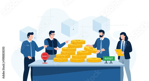 Team Budgeting and Financial Planning with Stack of Coins and Cubes