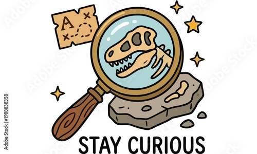 A magnifying glass reveals a dinosaur fossil on a rock with a map and sparks around it.