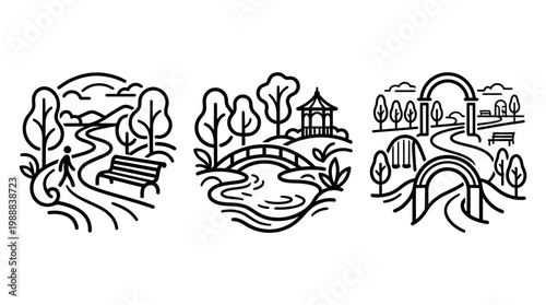 Black and White Line Art of Park Scenes Depicting Nature.