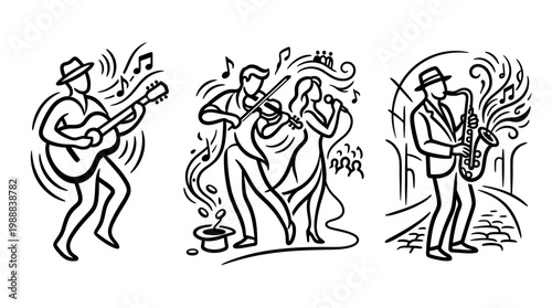 Musical Performers Playing Instruments in a Stylish Line Art Illustration.