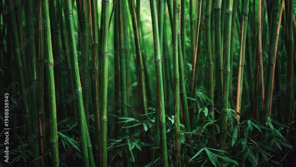 Fototapeta premium Lush Bamboo Forest with Green Stems and Leaves