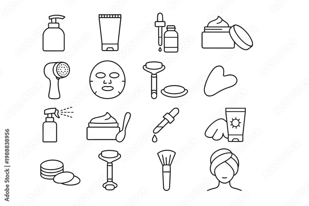 Fototapeta premium Minimalist Skincare and Beauty Icon Set Featuring Line Art Illustrations of Facial Products, Serum Bottles, Gua Sha, Face Masks, Sunscreen, and Cosmetic Tools for Daily Self Care Routine