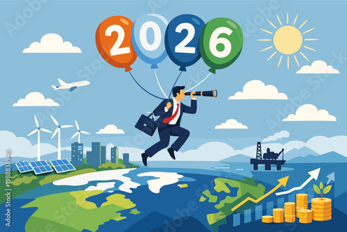Businessman Flying with 2026 Balloons Looking Through Telescope for Global Investment Opportunities, Sustainable Energy, Economic Growth, and Future Financial Planning over the World Map.