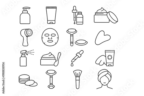 Minimalist Skincare and Beauty Icon Set Featuring Line Art Illustrations of Facial Products, Serum Bottles, Gua Sha, Face Masks, Sunscreen, and Cosmetic Tools for Daily Self Care Routine