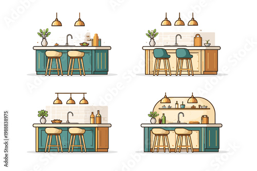 Vector illustration set of modern luxury kitchen islands featuring stylish bar stools, elegant pendant lights, and sinks. Custom-built home interior design icons for architectural projects.
