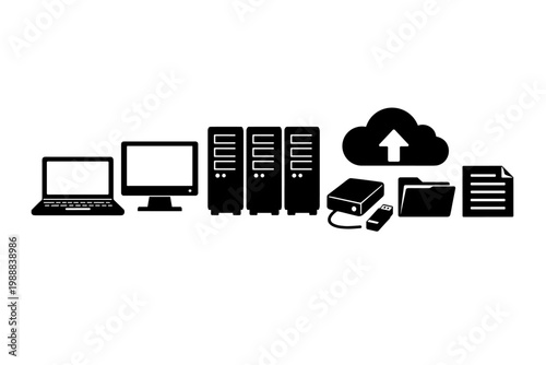 Digital Recordkeeping Silhouette Icons Set Featuring Laptop Desktop Computer Server Rack External Hard Drive USB Flash Drive Cloud Upload Folder and Document for Data Storage and Backup Solutions