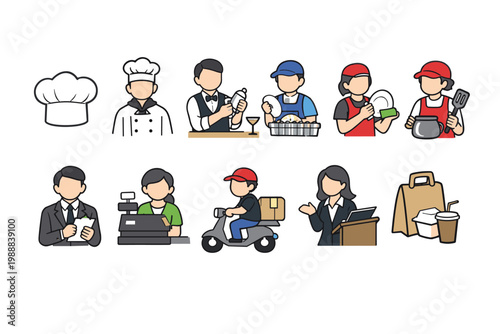 Restaurant Staff and Food Service Icon Set with Chef, Bartender, Dishwasher, Cook, Manager, Cashier, Delivery Driver, and Hostess for Hospitality, Catering, Dining, and Takeout Business Concepts.