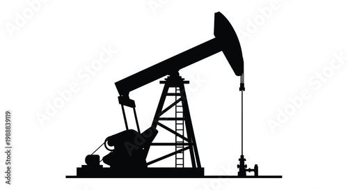 A black silhouette of a classic oil pump rig against a stark white background high quality