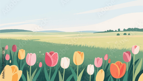 Colorful tulip flower field in green landscape vector background