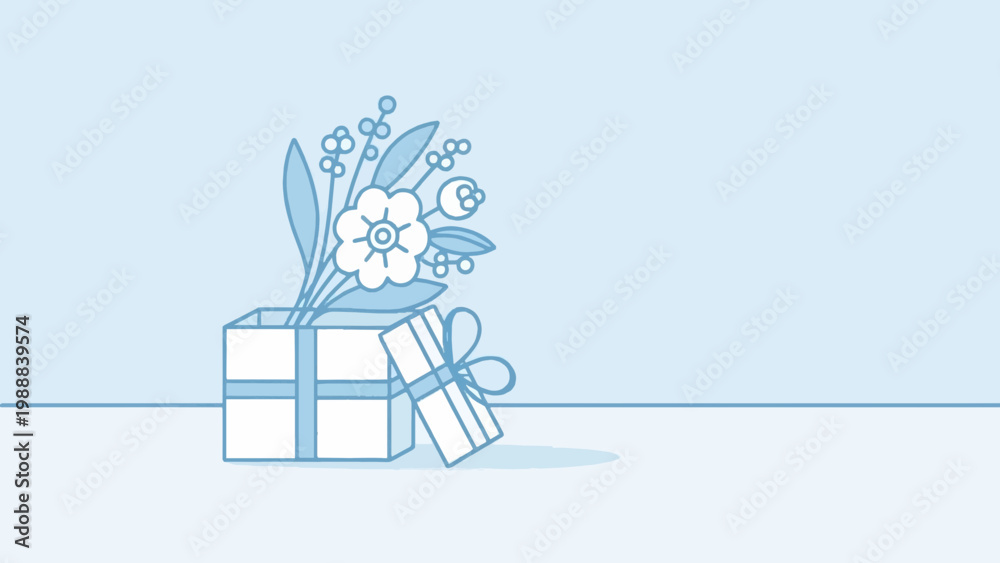 Fototapeta premium Minimalist flower bouquet and gift box illustration on blue