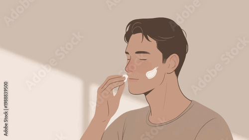 Young man applying skincare product on his face