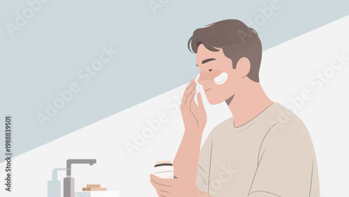 Young man applying skincare product on his face