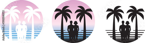 Family emigration and relocation to paradise island country. Round symbol of people dreaming of new life and beach holiday (3 vectors)