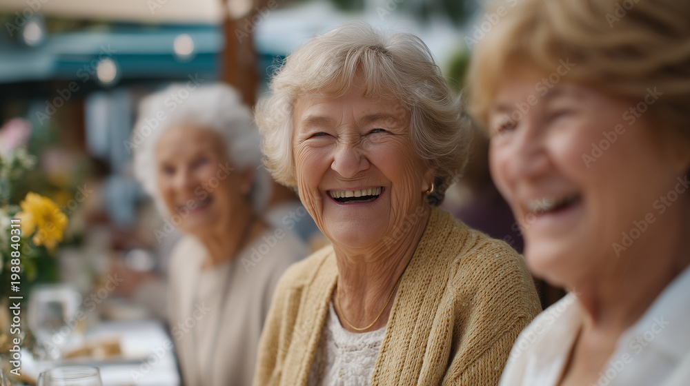 Obraz premium Multicultural group of elder women laughing together at an outdoor Mother's Day brunch table decorated with handmade cards and spring flowers, authentic joy, multigenerational family gathering, May 