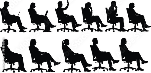 Office People Sitting on Chair Silhouette Set with Business Men and Women in Various Poses for Corporate and Workplace Designs