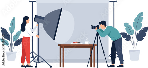 Professional Photography Studio Scene with Photographer Shooting Food on Table Using Camera Lighting Setup and Assistant Managing Equipment for Creative Content Production