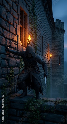 Cloaked figure with knife scales a stone wall lit by torches at dusk