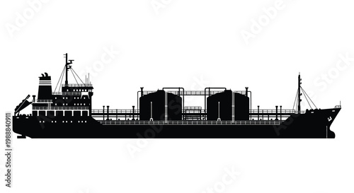 A black silhouette depicts a large oil tanker ship at sea showcasing its industrial design