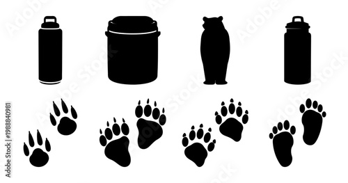 Black and white camping themed images including a bear and water bottles