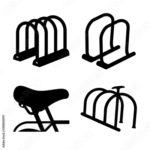 Diverse depictions of black and white bicycle racks and a bicycle seat