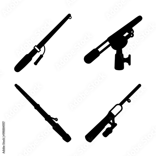 A compilation of stylized black silhouette images of various types of fishing rods