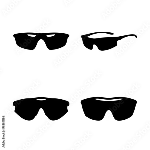 Various perspective views of dark sunglasses against a bright white background
